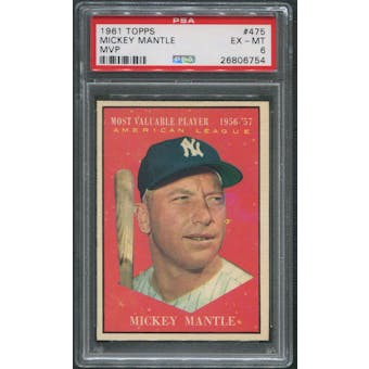 1961 Topps Baseball #475 Mickey Mantle MVP PSA 6 (EX-MT)