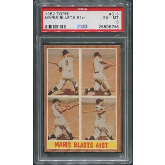 1962 Topps Baseball #313 Roger Maris Blasts 61st PSA 6 (EX-MT)