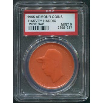 1955 Armour Coins Baseball Harvey Haddix Wide Gap Orange PSA 9 (MINT)