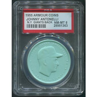 1955 Armour Coins Baseball Johnny Antonelli N.Y. Giants Back Aqua PSA 8 (NM-MT)