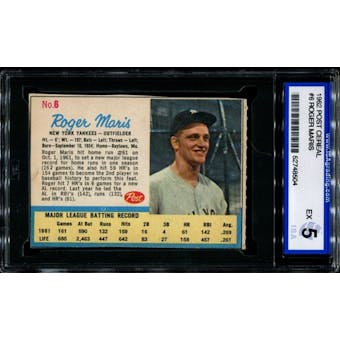 1962 Post Cereal Baseball #6 Roger Maris ISA 5 (EX) *8504