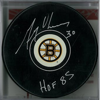 Gerry Cheevers Autographed Boston Bruins Hockey Puck HOF 85 (JSA COA)