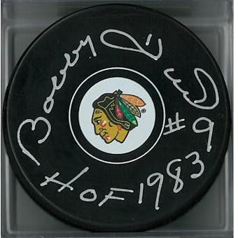 Bobby Hull Autographed Chicago Blackhawks Hockey Puck HOF 83 (Hull COA)