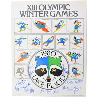USA Miracle on Ice Team Autographed 1980 Lake Placid Olympics Raccoon Poster with 15 Signatures