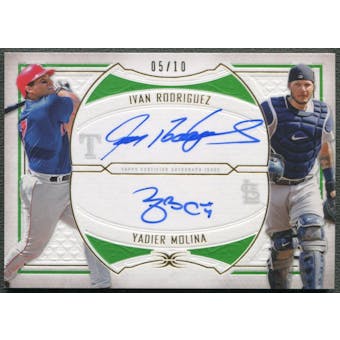 2019 Topps Definitive Collection #DACGR Ivan Rodriguez & Yadier Molina Green Auto #05/10