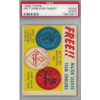 1958 Topps Baseball Felt Emblems Insert PSA 2MC (Good) *3617 (Reed Buy)