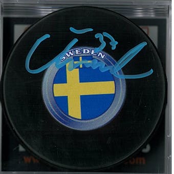 Isac Lundestrom Autographed Team Sweden Hockey Puck (DACW COA)