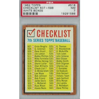 1962 Topps Baseball #516 Checklist white boxes PSA 7 (NM) *1586 (Reed Buy)