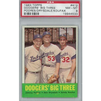 1963 Topps Baseball #412 Dodgers' Big Three PSA 8 (NM-MT) *4533 (Reed Buy)