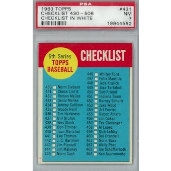 1963 Topps Baseball #431 Checklist White PSA 7 (NM) *4552 (Reed Buy)