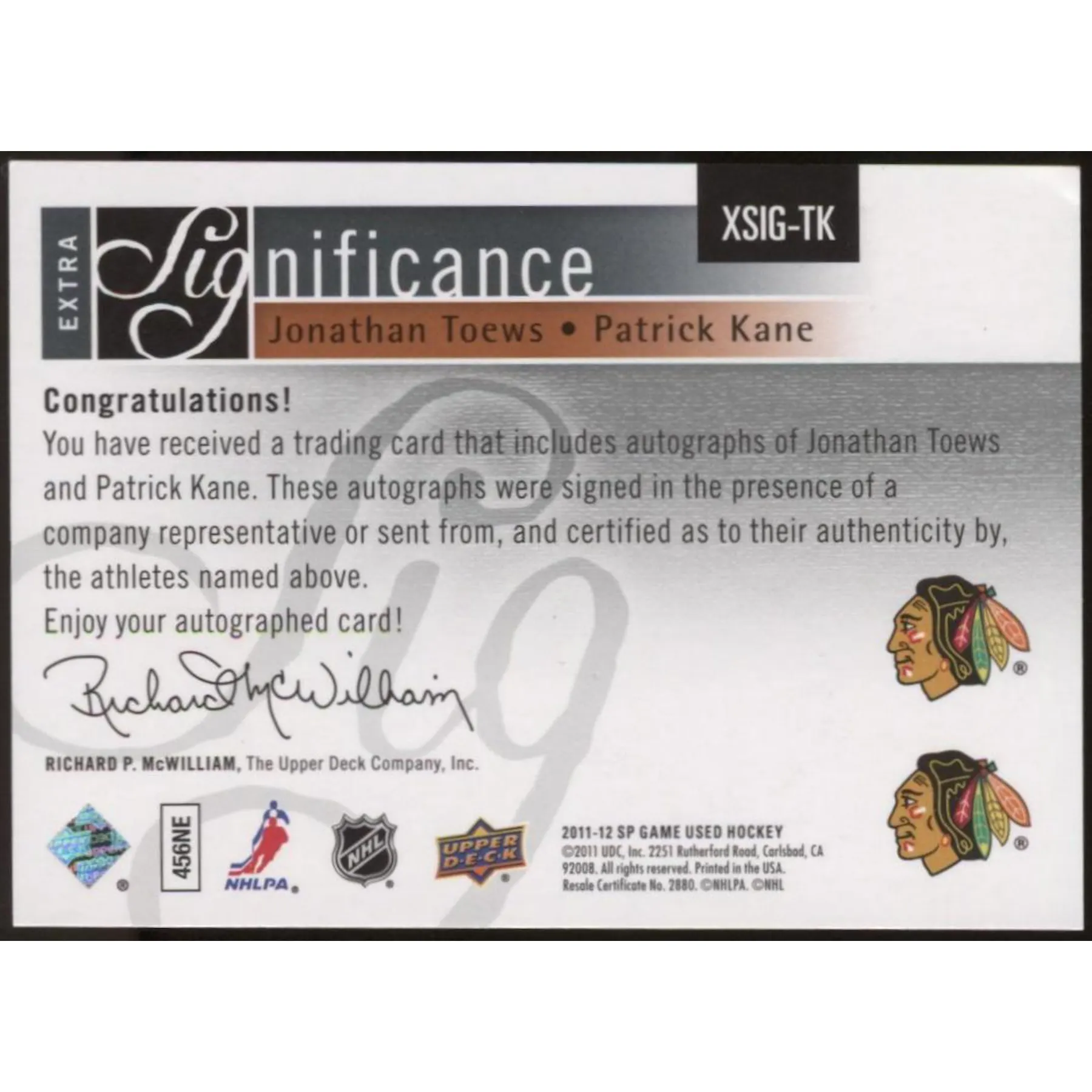 2011 12 Sp Game Used Patrick Kane Jonathan Toews Auto Card Xsig Tk 7 25 Slighty Damaged