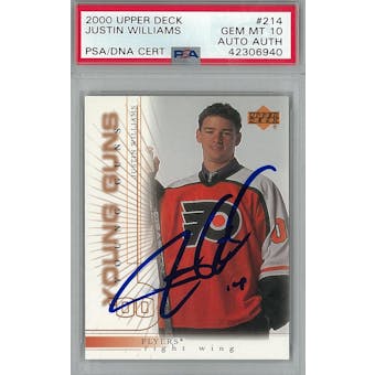 2000/01 Upper Deck #214 Justin Williams Young Guns RC PSA 10 Auto AUTH *6940 (Reed Buy)