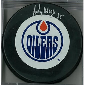 Andy Moog Autographed Edmonton Oilers Puck (AJSW COA)