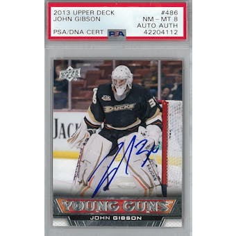 2013-14 Upper Deck #486 John Gibson Young Guns RC PSA 8 Auto AUTH *4112 (Reed Buy)