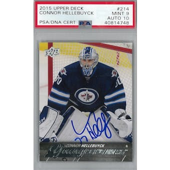 2015/16 Upper Deck #214 Connor Hellebuyck Young Guns RC PSA 9 Auto 10 *4748 (Reed Buy)