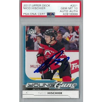 2017/18 Upper Deck #201 Nico Hischier Young Guns RC PSA 10 Auto AUTH *8999 (Reed Buy)