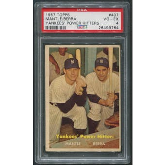 1957 Topps Baseball #407 Yankees Power Hitters Mantle Berra PSA 4 (VG-EX)