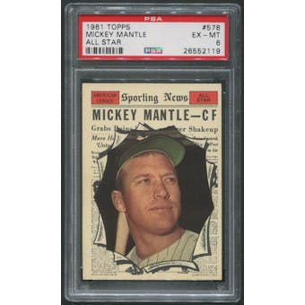 1961 Topps Baseball #578 Mickey Mantle All Star PSA 6 (EX-MT)