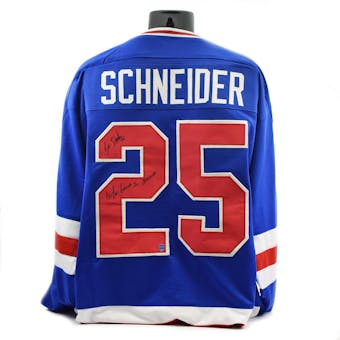 Buzz Schneider Autographed USA Miracle on Ice Blue Jersey w/ Do You Believe in Miracles (DACW COA)
