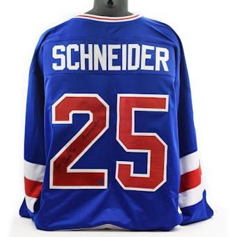 Buzz Schneider Autographed USA Miracle on Ice Blue Jersey w/ Miracle On Ice (DACW COA)