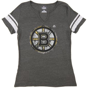 Boston Bruins Majestic Heather Gray Tested V-Neck Tri Blend Tee Shirt (Womens Large)