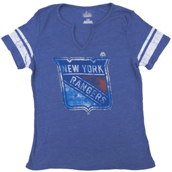New York Rangers Majestic Blue Tested V-Neck Tri Blend Tee Shirt (Womens Medium)