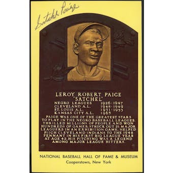 Satchel Paige Autographed Baseball HOF Plaque Postcard JSA XX07516 (Reed Buy)