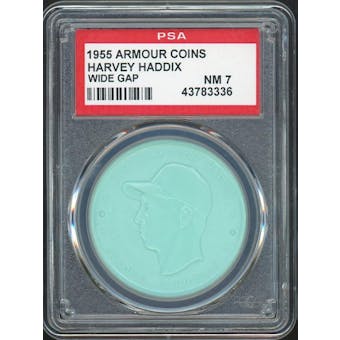 1955 Armour Coins Harvey Haddix Aqua Wide Gap PSA 7 *3336 (Reed Buy)