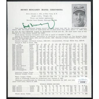 Hank Greenberg Autographed Stat Sheet JSA UU36586 (Reed Buy)