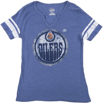 Edmonton Oilers Majestic Heather Blue Tested V-Neck Tri Blend Tee Shirt (Womens Large)