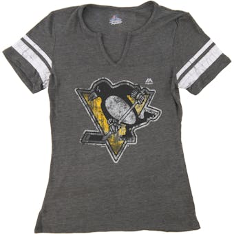 Pittsburgh Penguins Majestic Heather Grey Tested V-Neck Tri Blend Tee Shirt (Womens Medium)