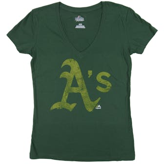 Oakland Athletics Majestic Green Keep Advancing V-Neck Tee Shirt (Womens Large)