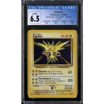 Pokemon Base Set Unlimited Zapdos 16/102 CGC 6.5