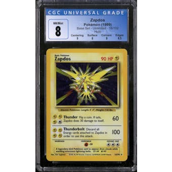 Pokemon Base Set Unlimited Zapdos 16/102 CGC 8
