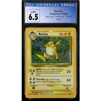 Pokemon Base Set Unlimited Raichu 14/102 CGC 6.5 No Subs