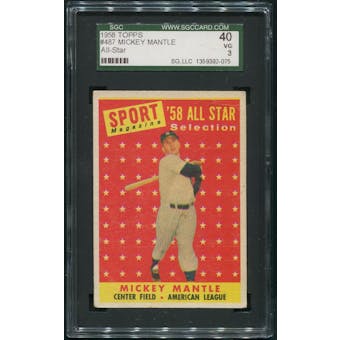1958 Topps Baseball #487 Mickey Mantle All Star SGC 3 (VG)