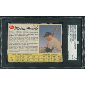 1962 Post Canadian Baseball #5 Mickey Mantle 163 Hits, "4th Time" (Hand Cut) SGC Authentic