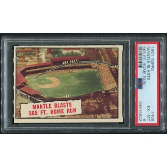 1961 Topps Baseball #406 Mickey Mantle Blasts 565 FT. Home Run PSA 6 (EX-MT)