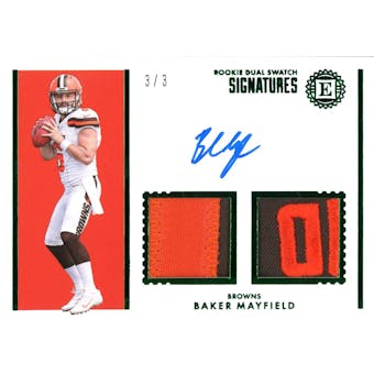 2018 Panini Encased Baker Mayfield Rookie Green Dual Swatch Signatures Patch Auto Card #RDS-BM 3/3