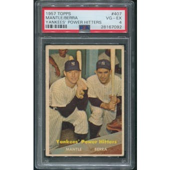 1957 Topps Baseball #407 Yankees' Power Hitters Mickey Mantle Yogi Berra PSA 4 (VG-EX)