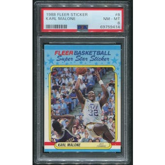 1988/89 Fleer Basketball #8 Karl Malone Sticker PSA 8 (NM-MT)