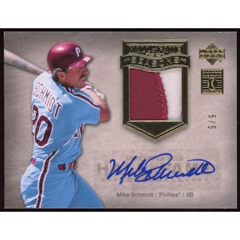 2005 Upper Deck Hall of Fame Seasons Autograph-Patch Gold #MS1 Mike Schmidt Batting #/5 (Reed Buy)