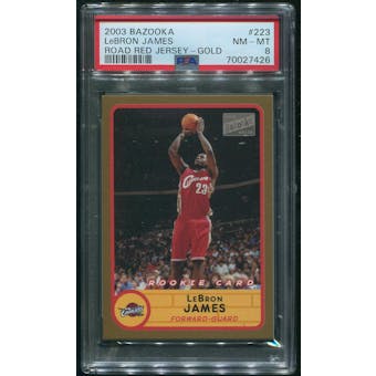 2003/04 Topps Bazooka Basketball #223 LeBron James Rookie Road Red Jersey Gold PSA 8 (NM-MT)