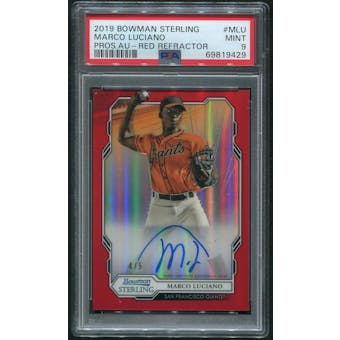 2019 Bowman Sterling Prospect Baseball #BSPAMLU Marco Luciano Rookie Red Refractor Auto #4/5 PSA 9 (MINT)