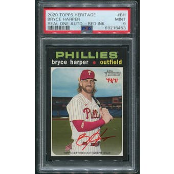 2020 Topps Heritage Baseball #ROABH Bryce Harper Real One Red Ink Auto #44/71 PSA 9 (MINT)