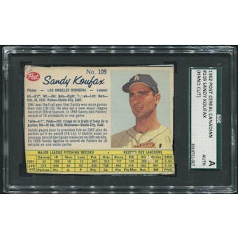 1962 Post Canadian Baseball #109 Sandy Koufax Hand Cut SGC Authentic