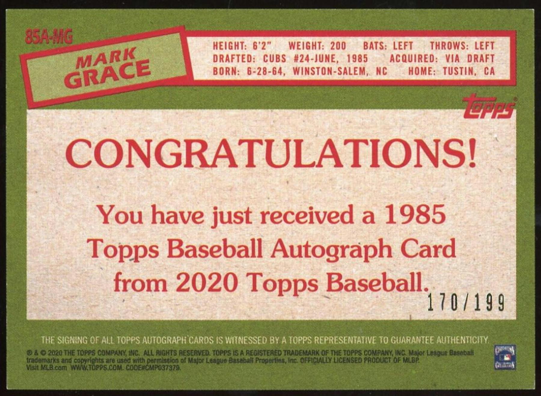 2020 Topps '85 Baseball #85A-MG Black Mark Grace Auto #/199 (Reed Buy)