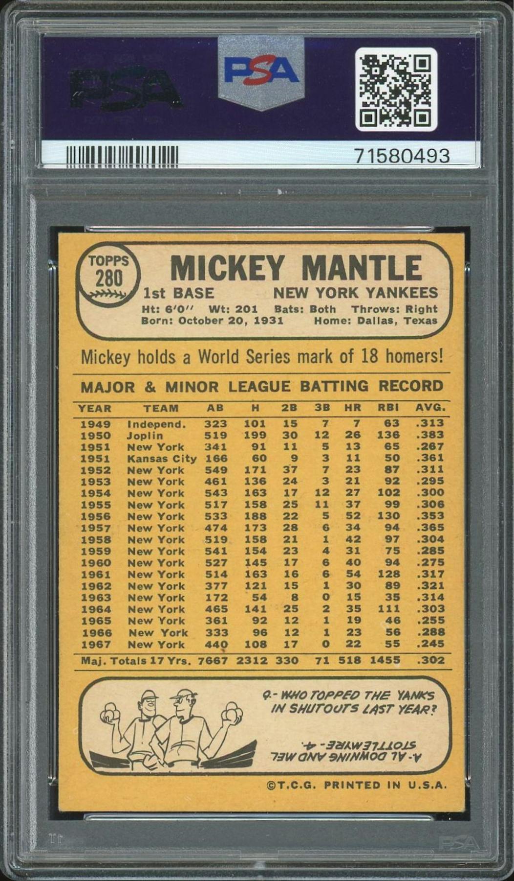 1968 Topps #280 Mickey Mantle 7 - NM