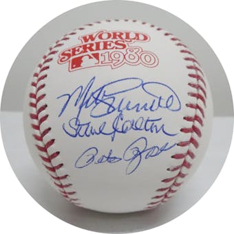 Mike Schmidt/Steve Carlton/Pete Rose Autographed 1980 World Series Kuhn Baseball JSA AE72869 (Reed Buy)