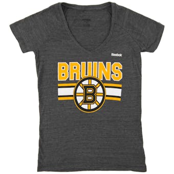 Boston Bruins Reebok Heather Gray Tri Blend V-Neck Tee Shirt (Womens Medium)